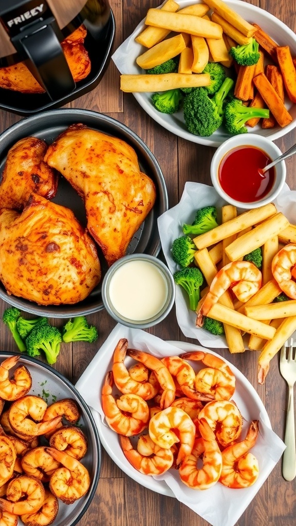 Quick and Easy Air Fryer Toaster Oven Meals A variety of air fryer toaster oven meals including chicken, broccoli, potato wedges, and shrimp on a wooden table.